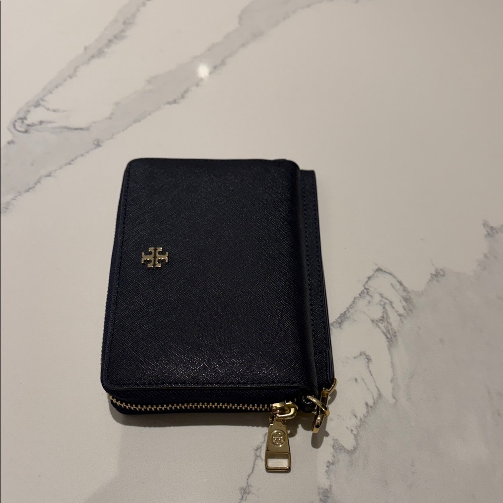 Tory Burch Dark Blue Wristlet Wallet with Gold Details